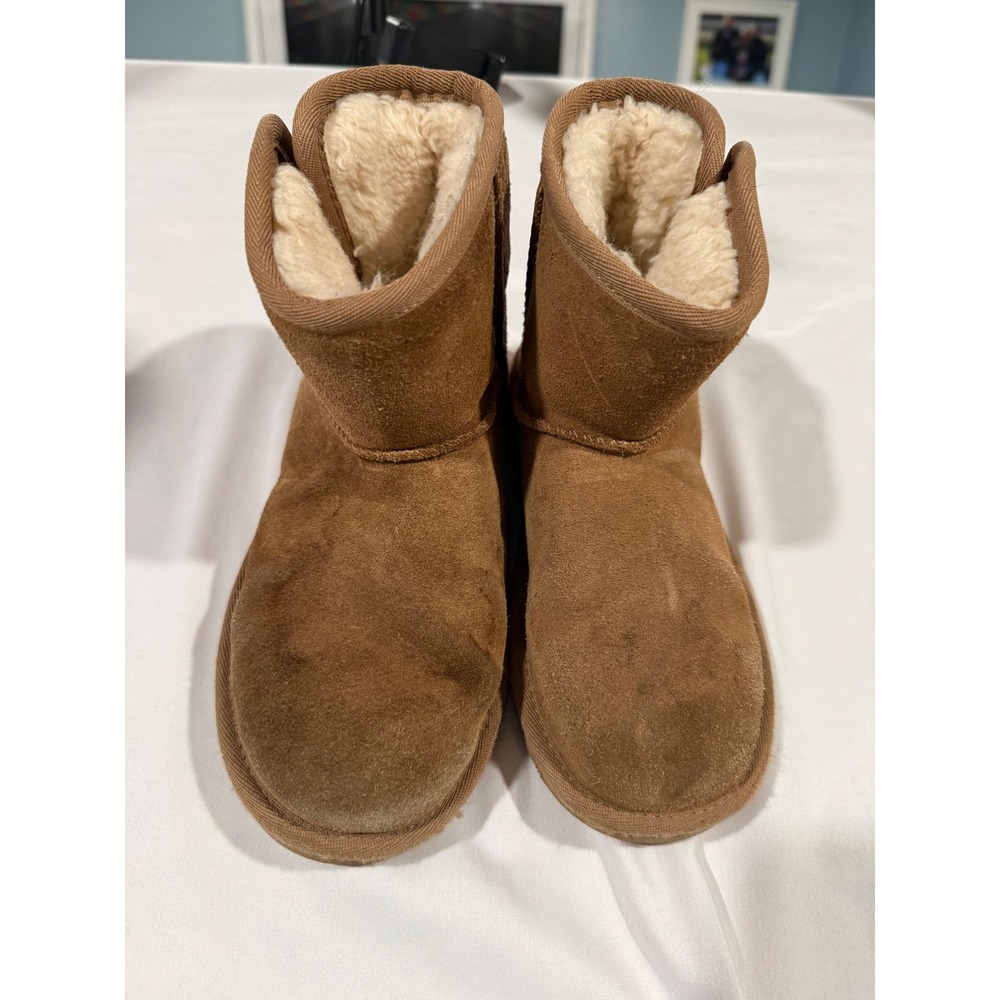 UGG Kids Classic Mini Chestnut Suede Sheepskin Boots Side Button Brown Size 1 - Picture 4 of 4